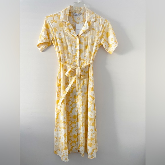 Compania Fantastica Yellow Floral Button Midi Shirt Belted Dress XS NWT - Picture 4 of 10